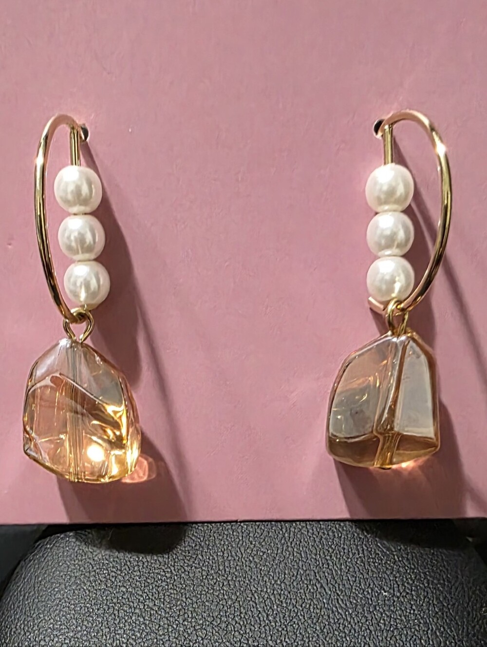 s925 18k Plated Gold Pearl Hoop Earrings with Champagne Amber Colored Drops